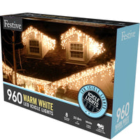960 Warm White Snowing Icicle Timer Lights