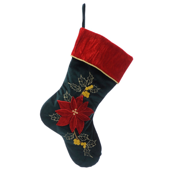 Red and Green Velour Luxury Christmas Stocking with Poinsettia