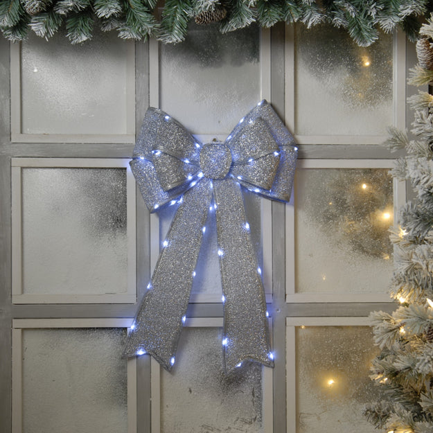LED Lit Silver Fabric Door Bow