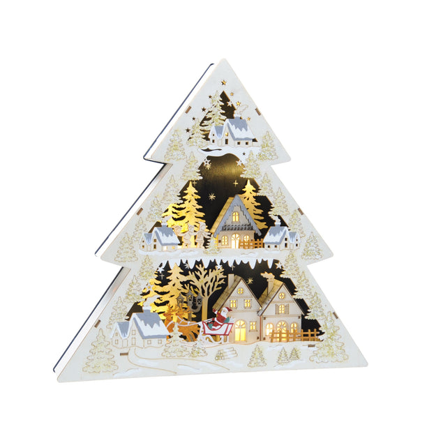 Wooden Santa Sleigh Lit Christmas Tree Scene