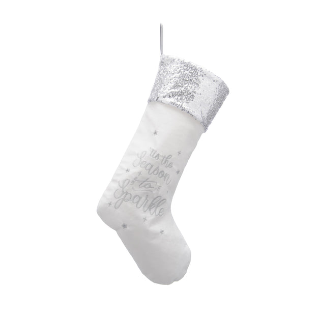 Tis the Season to Sparkle Silver Trim White Christmas Stocking