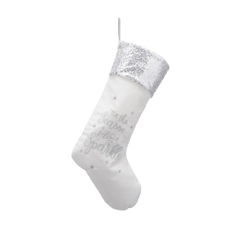 Tis the Season to Sparkle Silver Trim White Christmas Stocking