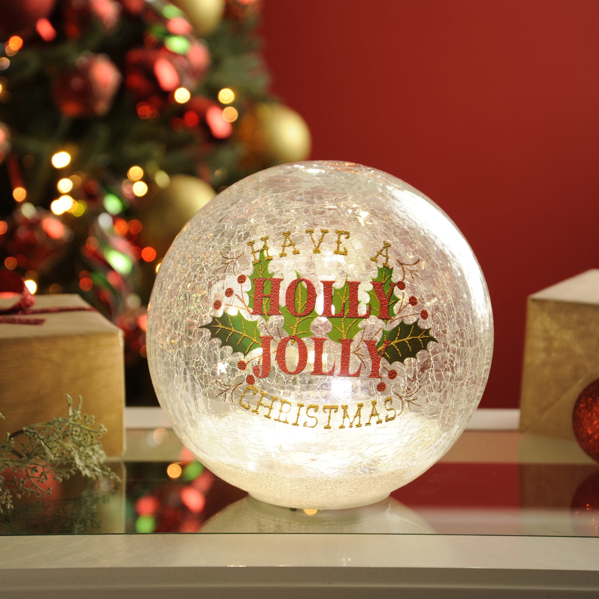 Holly Jolly Crackle Effect Lit Glass Ball