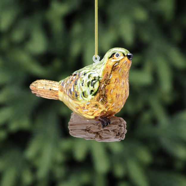 Glass Bird on Log Christmas Tree Decoration