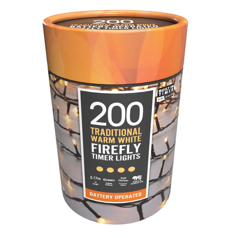 200 Battery Operated Warm White Timer Firefly Lights