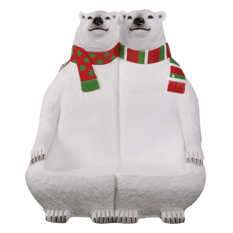 1.7m Polar Bear Pair Wearing Festive Scarves Photo Opportunity Bench Display Prop