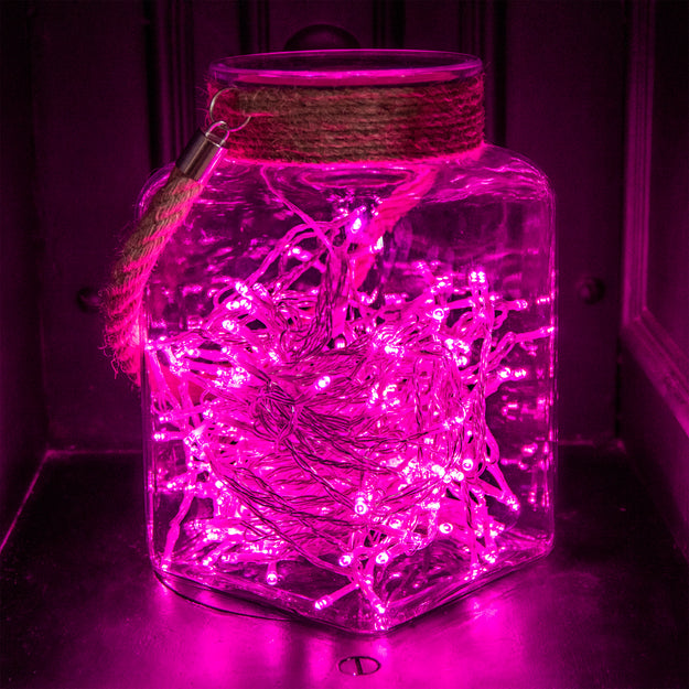 200 Pink Supabrights Multi Action LED String Lights on Clear Cable with Timer