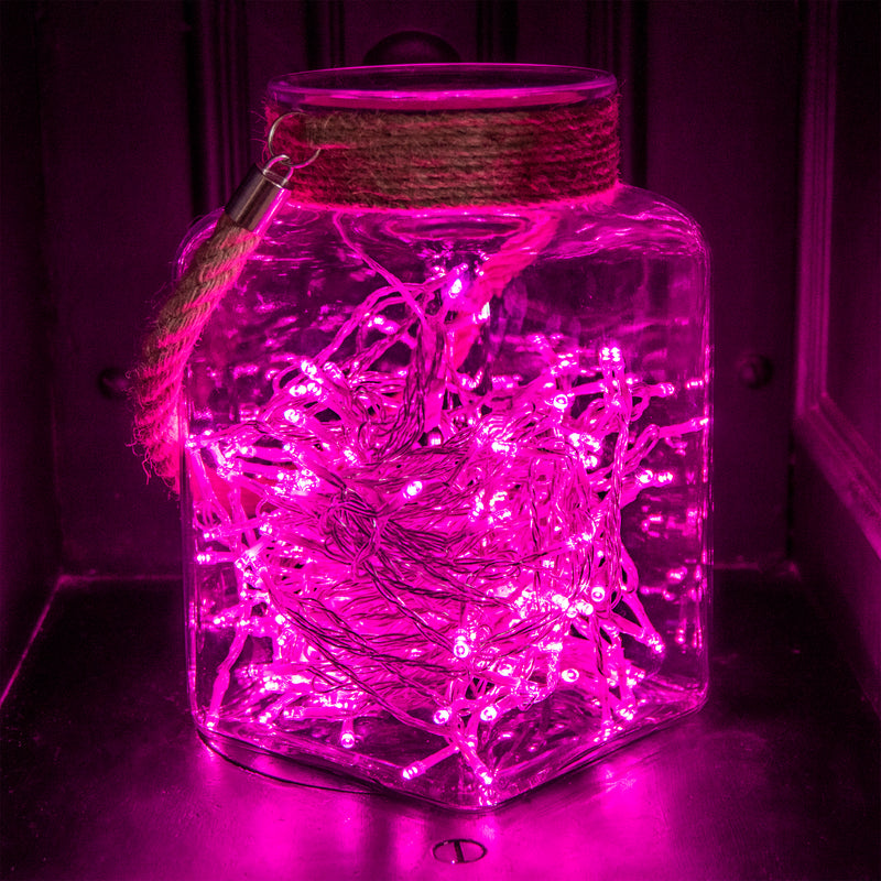 200 Pink Supabrights Multi Action LED String Lights on Clear Cable with Timer