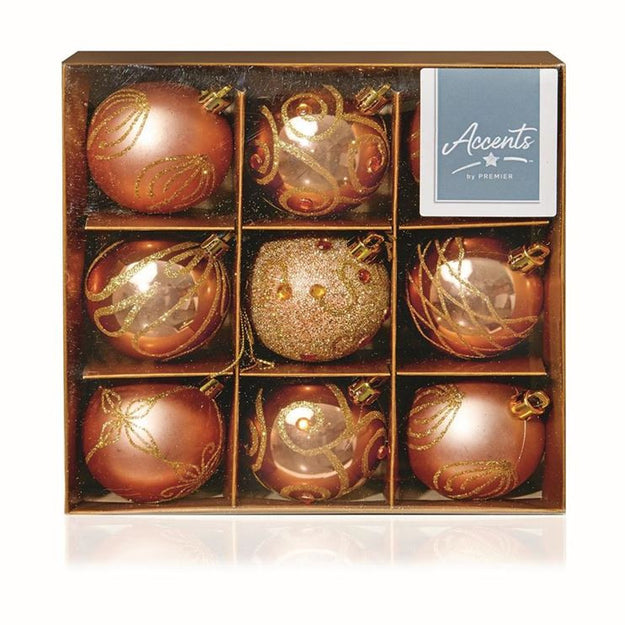 Pack of 9 Rose Gold Decorated Christmas Tree Baubles