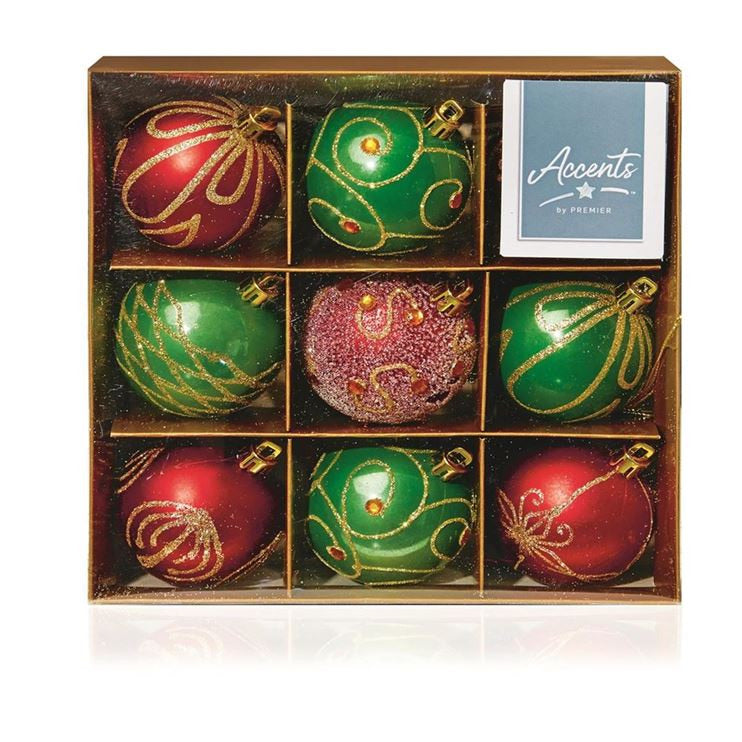 Pack of 9 Red and Green Decorated Christmas Tree Baubles