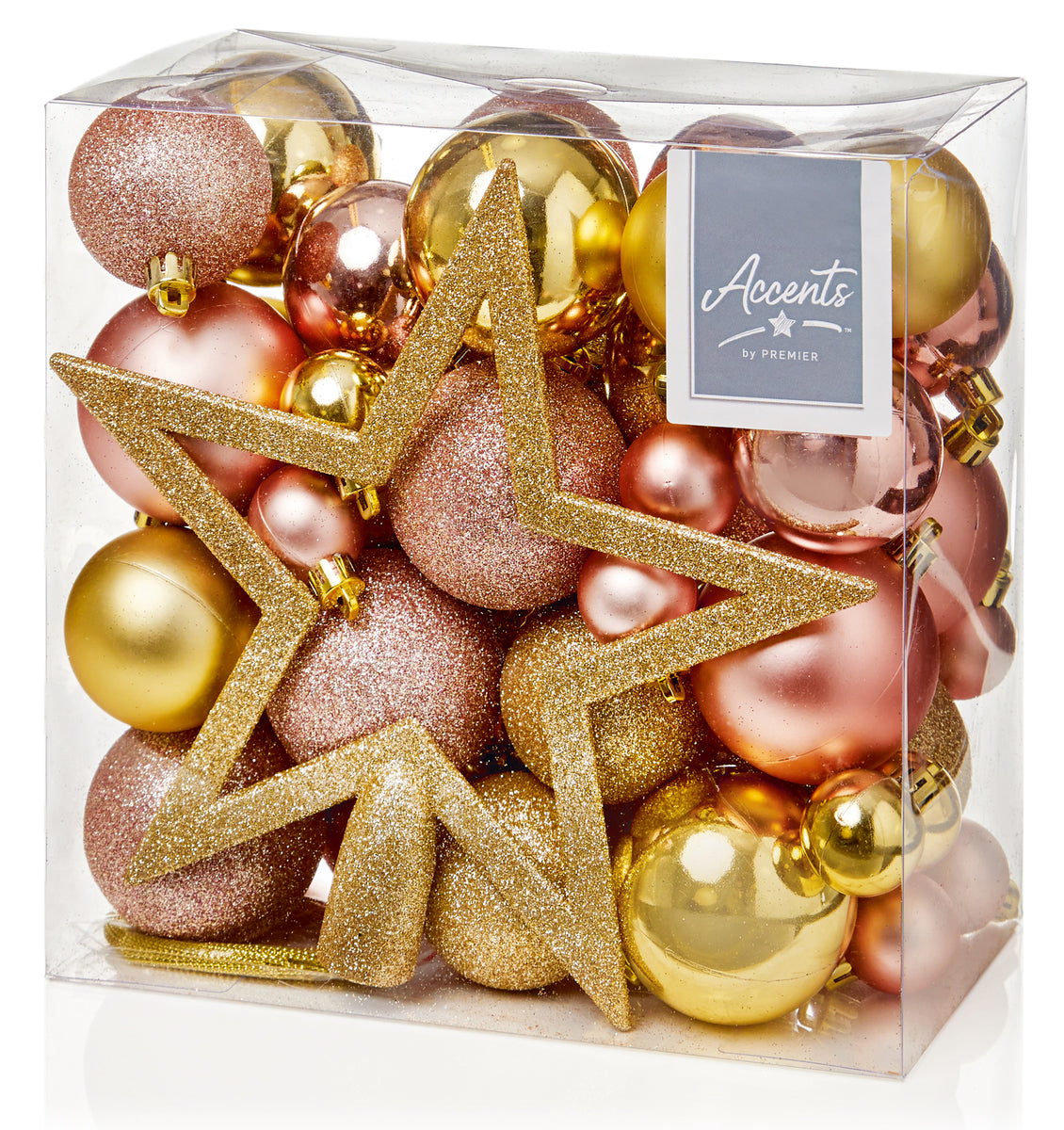 Jumbo Pack of 50 Gold and Rose Gold Mixed Baubles with Tree Topper