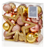 Jumbo Pack of 50 Gold and Rose Gold Mixed Baubles with Tree Topper