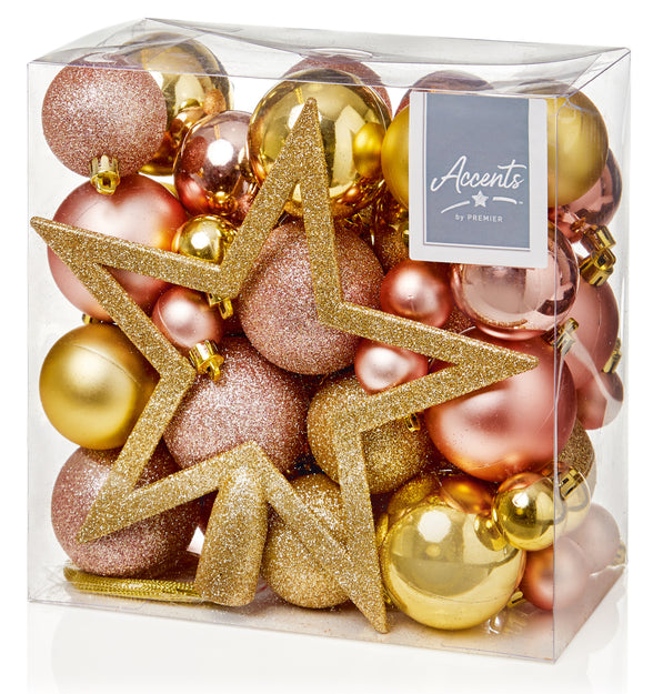 Jumbo Pack of 50 Gold and Rose Gold Mixed Baubles with Tree Topper