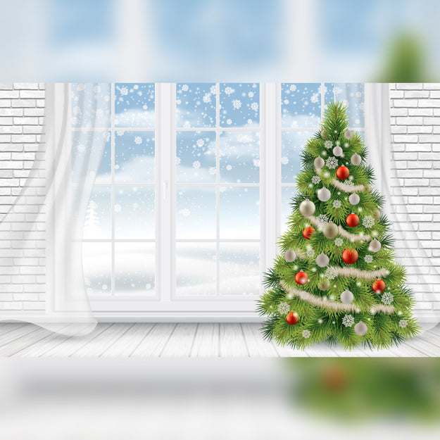 Christmas Tree Near Snowy Window Printed Outdoor PVC Banner 2.4m x 4m