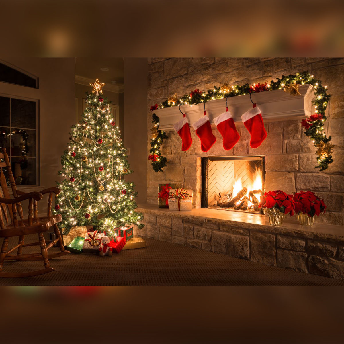 Christmas Tree & Lit Fireplace with 4 Stockings Scene Banner Printed Outdoor PVC Banner 2.4m x 4m