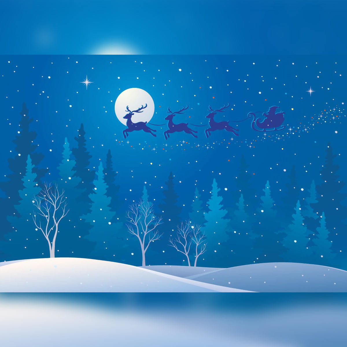 Blue Silhouette of Santa Riding Reindeer Over Blue Trees Printed Outdoor PVC Banner 2.4m x 4m