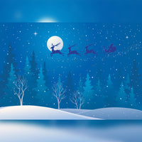 Blue Silhouette of Santa Riding Reindeer Over Blue Trees Printed Outdoor PVC Banner 2.4m x 4m