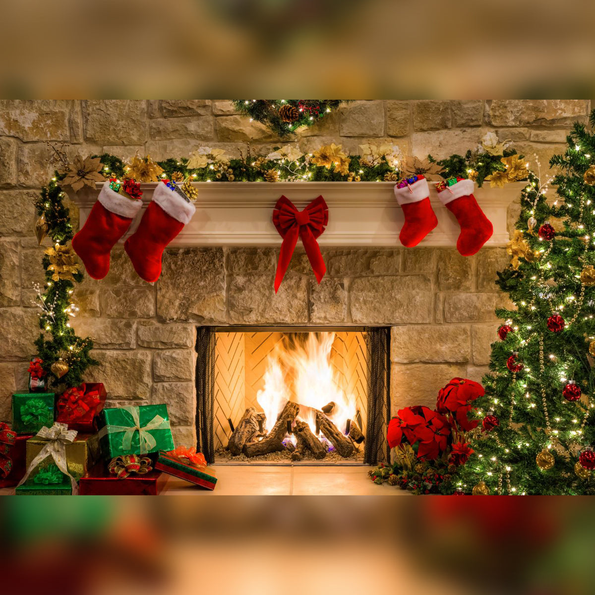 Christmas Fireplace Scene Printed Outdoor PVC Banner 2.4m x 4m