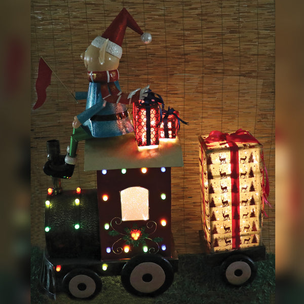 1.4m Elf Riding Metal Pre Lit Christmas Train Display Prop