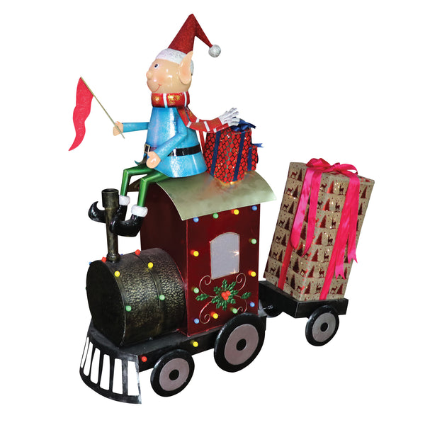 1.4m Elf Riding Metal Pre Lit Christmas Train Display Prop