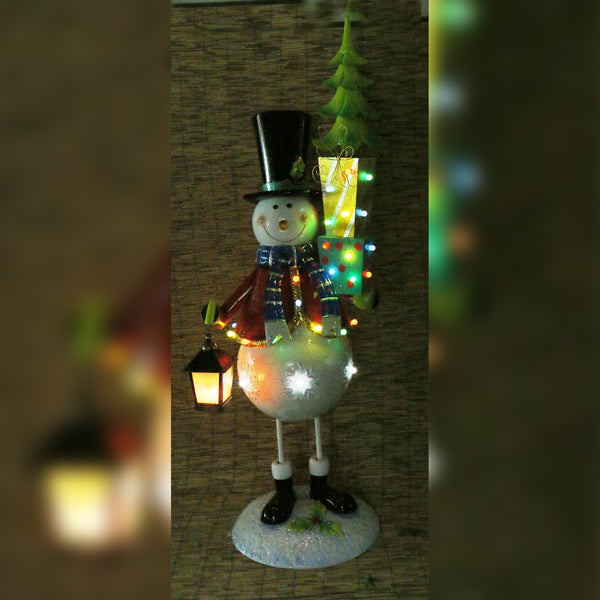 1.7m Pre Lit Christmas Metal Snowman with Tree & Lamp Display Prop
