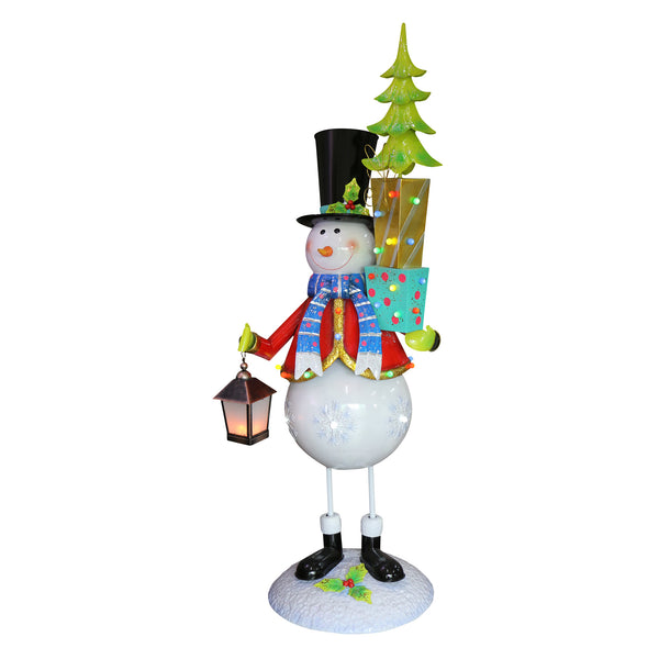 1.7m Pre Lit Christmas Metal Snowman with Tree & Lamp Display Prop